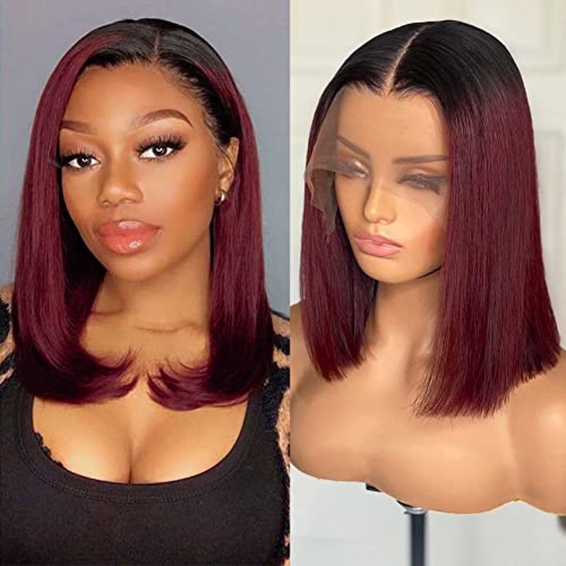 Flady 1B 99j Bob Wig Human Hair 13x4 HD Frontal Lace Wig 150% Density 1B Burgundy Lace Front Wigs Human Hair Pre Plucked Red Frontal Bob wig Short Straight Bob Wigs for Black Women 14 inch