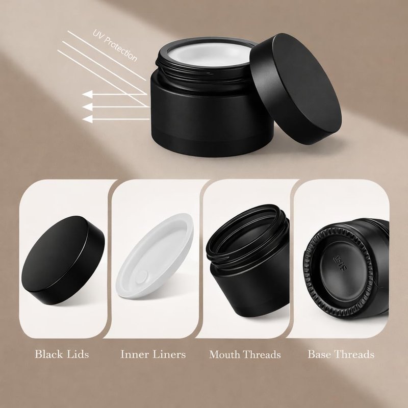 Lustervial 45Pack 2oz Small Glass Jars with Lids, Lotion Container, Cosmetic Containers, Little Travel Jars for Creams with Mini Spoon, Black Label (Matte Black)