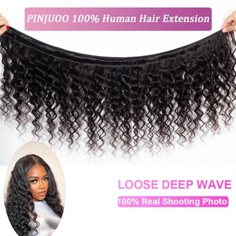 Loose Deep Wave 3 Bundles with 4x4 HD Lace Closure 16 18 20+14 Inch 100% Unprocessed Remy Brazilian Hair Wet and Wavy Bundles with Closure Human Hair Natural Black Color for Women