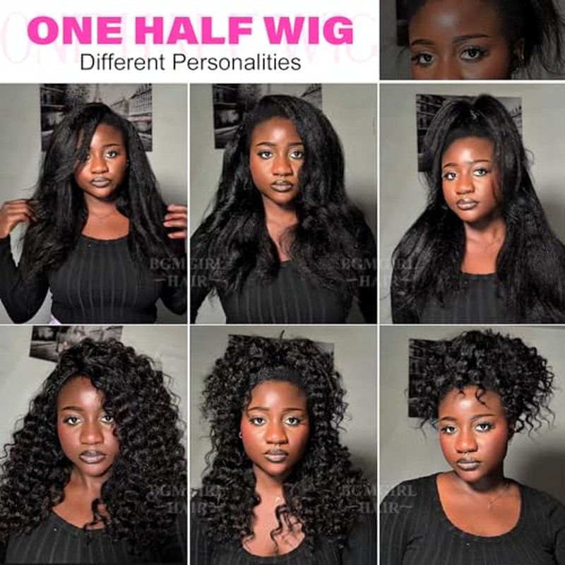BGM GIRL Kinky Straight 3 in 1 Half Wig Human Hair Glueless Wear and Go No Lace Flip Over Wig With Adjustable Drawstring 180 Density Natural Look Wig For Women 16 Inch