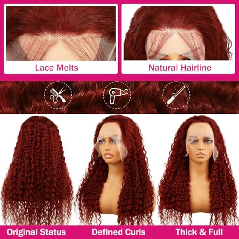 Red Burgundy Wig Human Hair 13x6 Deep Wave Lace Front Wigs Human Hair 99j Burgundy Lace Front Wigs Pre Plucked Red Colored Curly Human Hairs Wigs Triple Lifespan 20 Inch