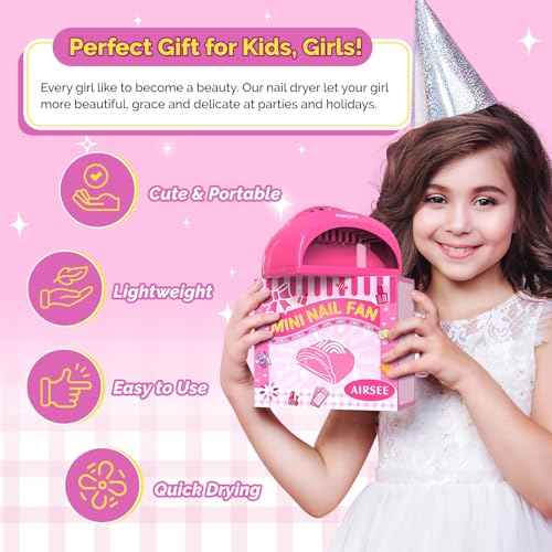 AIRSEE Kids Nail Dryer, Portable Nail Dryer, Mini Nail Fan for Regular Nail Polish - Birthday, Christmas, Party Gift for Grils, Battery Operated, DIY nail art, No Harmful, Two stickers included (Pink)