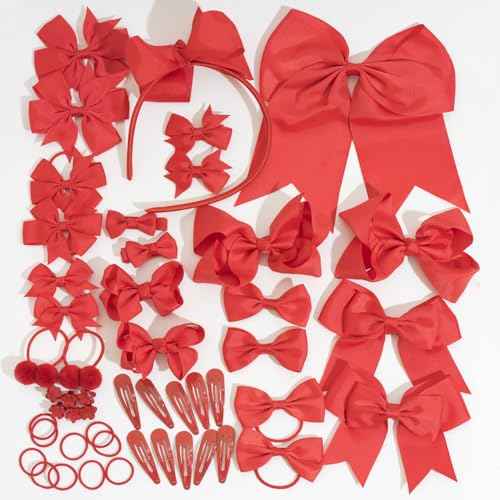 50PCS Red Hair Accessories Set - Grosgrain Ribbon Red Bows,Hair Clips,Hair Ties,Headbands, Uniform Hair Bows Accessories for Little Toddler Kids School Girls