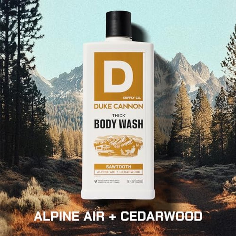 Duke Cannon THICK Body Wash for Men ? Sawtooth Alpine Air & Cedarwood Scent, 3X Thicker Formula, Mineral-Enriched Exfoliation, Sulfate & Paraben Free, 18 oz (Pack of 3)