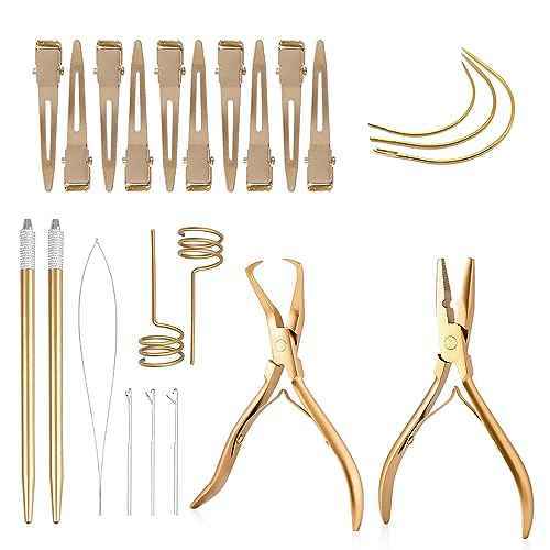 Hair Extension Tool Kit Stainless Steel Pliers Micro Beads Remover Hook Looper Hair Gripper Sectioning Clips Wefting Sewing Salon Barber Accessories (Gold)