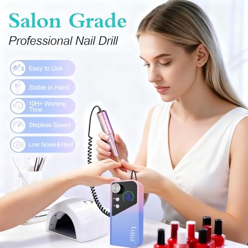 Electric Nail Drill File Professional 45000 RPM, LUELLE Electric Nail File Machine Kit for Acrylic Gel Nails Polishing Removing, Portable Rechargeable Cordless E File with Gold Bits Kit for Salon Home