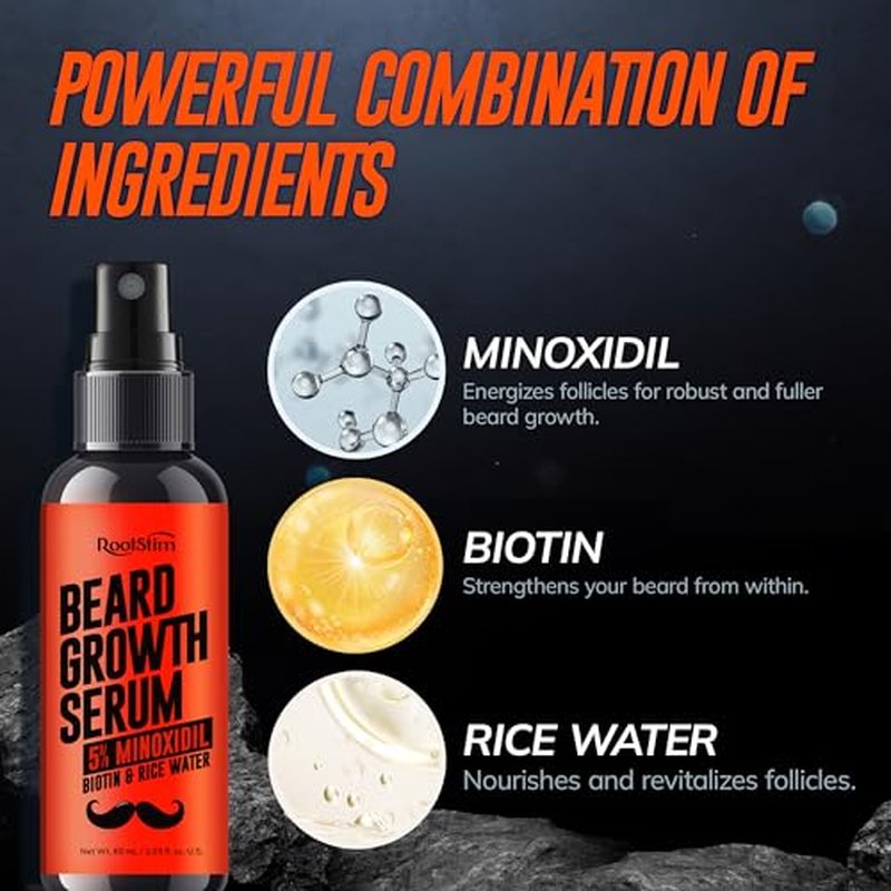 5% Minoxidil Beard Growth Serum for Men: Hair Regrowth Spray with Biotin & Rice Water - Extra Strength Beard Oil for Faster Thicker and Fuller Beard Growth - 60ML