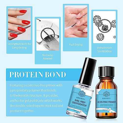 Born Pretty Nail Dehydrator and Primer, Nail Prep Dehydrator Acid Free Nail primer, Cuticle Oil for Nails, Base and Top Gel Coat Nail Supplies Functional Nail Set 5PCS