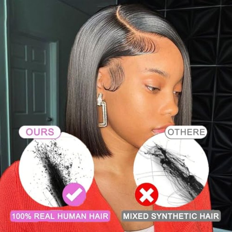 Short Bob Wig Human Hair Straight 13x4 Frontal HD Transparent Lace Front Wigs 100 Percent Real Human Hair Black Bob Wig for Women Pre Plucked 180% Density Natural Color 10 Inch
