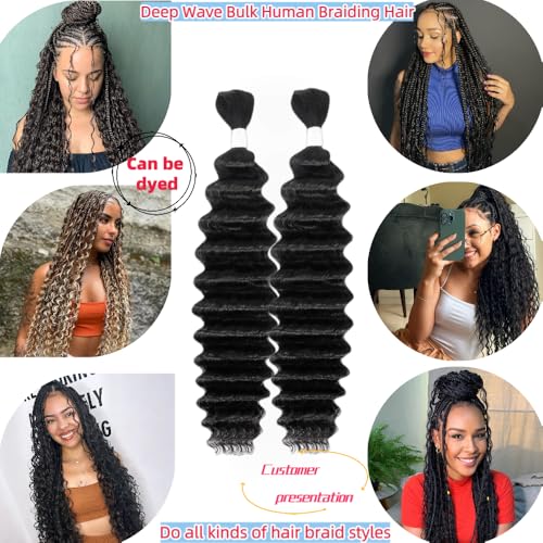 Deep Wave Human Braiding Hair 20Inch 2 Bundles 100g Bulk Human Hair for Braiding No Weft Human Braiding Hair for Boho Braids Wet and Wavy 100% Brazilian Virgin Curly Hair for Braiding Hair Extensions