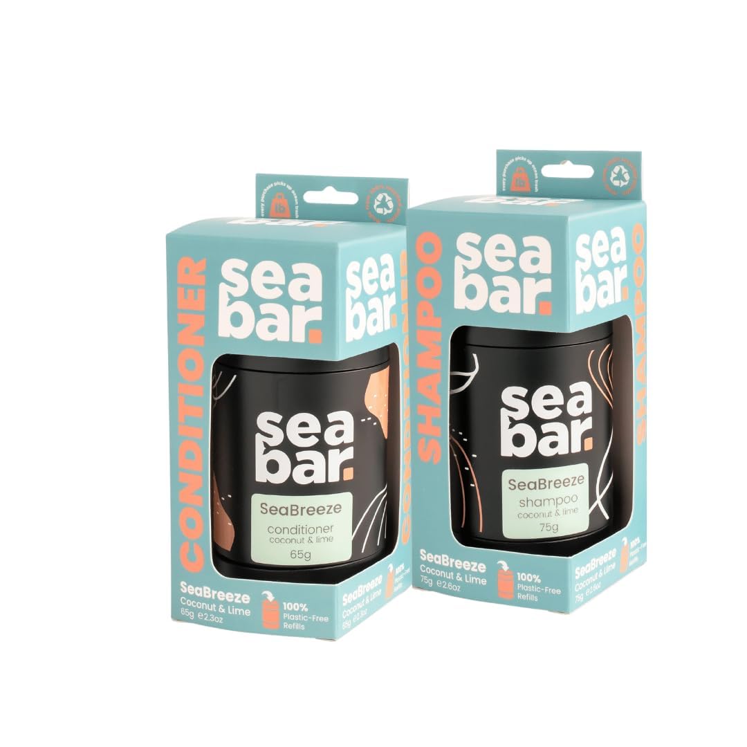 SeaBar Shampoo and Conditioner Bar Set with Refillable Applicator - Salon-Quality Cleanse & Condition – Volume & Soft, Manageable Lengths - Sulfate & Silicone-Free, TSA-Friendly - Coconut & Lime