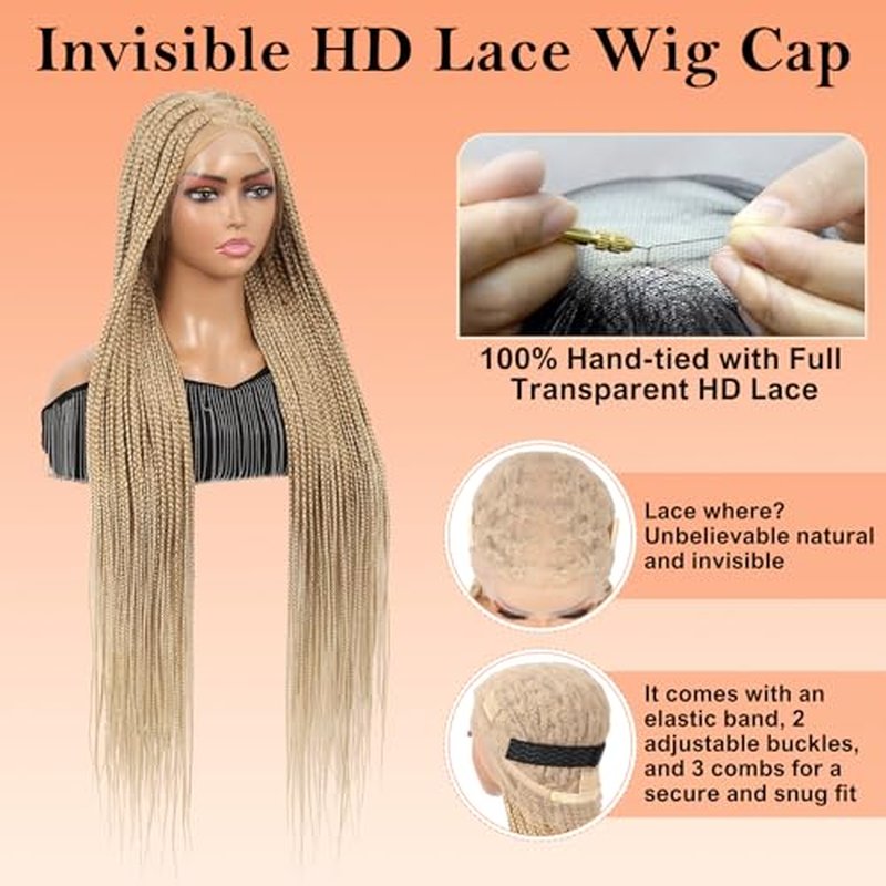 360¡Æ HD Full Lace Knotless Braided Wigs for Women Box Braid Wig with Baby Hair Braided Lace Front Wigs Premium Synthetic Braids Wig Long Blonde 36"
