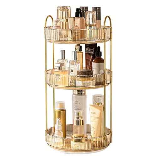 Makeup Organizer for Vanity, 360¡Æ Rotating Bathroom Organizer Countertop, High-Capacity Skincare Organizer, Spinning Cosmetics Organizer for Dresser Countertop (3 Tiers, Amber)