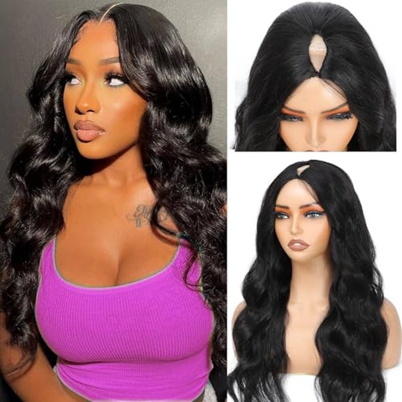 V Part Wig Human Hair Body Wave Upgrade U Part Human Hair Wig With Clips Glueless Wigs Human Hair Beginner Friendly 28 Inch V Shape Clip In Half Wigs for Women No Leave Out 180% Density