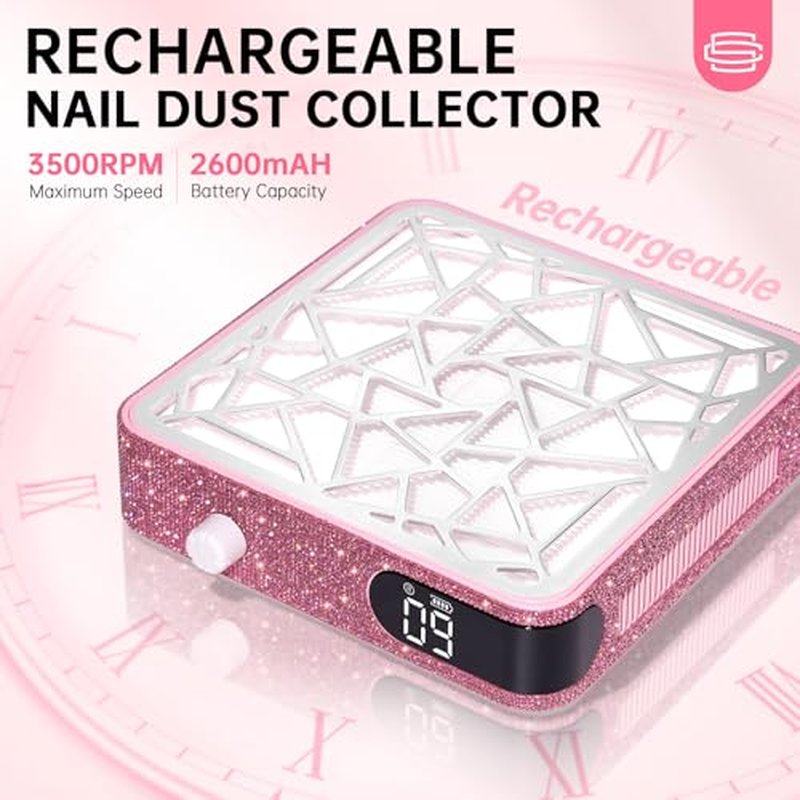 Nail Dust Collector, Cordless Dust Collector Nail Tech, Powerful Vacuum Fan Vent Dust Collector Extractor Dust Suction Machine for Acrylic Nails Polishing, Nail Salon, Pink Diamond