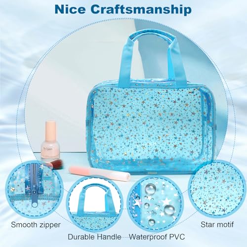 Clear Blue Star Large Makeup Bag with Star Pattern 12x5x8 inch, Travel Cosmetic Bag with Handle, Durable PVC Material Washbag Zipper Opening Design for Makeup Travel Organizer or Gym Use