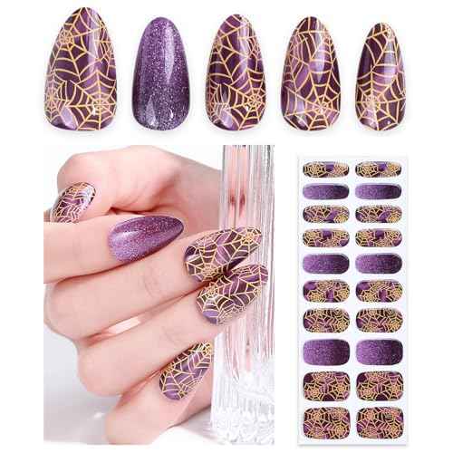 Halloween Semi Cured Gel Nail Stickers, 20 Pieces Of Uv Gel Nail Stickers, Suitable For Home, Festivals, Party Nail Art Diy (Purple spider web)