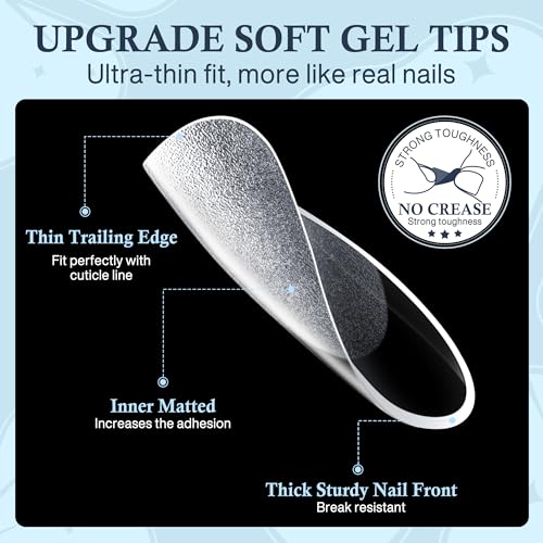 Short Almond Nail Tips, 240pcs Soft Nail Gel Tips Pre-Shaped Acrylic Fake Nails, Half Matte Full Cover Clear Gelly Press on Flase Nail Tips for Extension Nail Manicure Home DIY 12 Sizes Gelly Tips