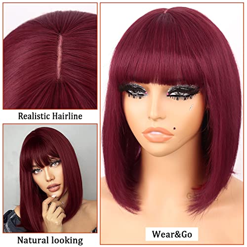 G&T Wig 99J Burgundy Straight Human Hair Lace Bob Wig With Bangs Realistic Look 2x1 HD Lace Glueless Wigs Blunt Cut 12 Inch Short Straight Human Hair Wigs for Black White Women