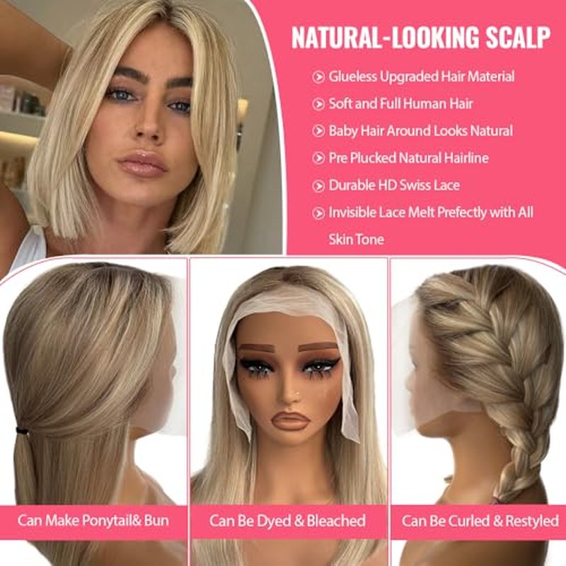 Smartinnov Balayage Blonde Bob Wig Human Hair 13x6 HD Transparent Lace Wigs 10 Inch Platimun Blonde Highlight Virgin Hair Middle Part 180% Density Pre Plucked Short Bob Wigs for Women Tiny Knots