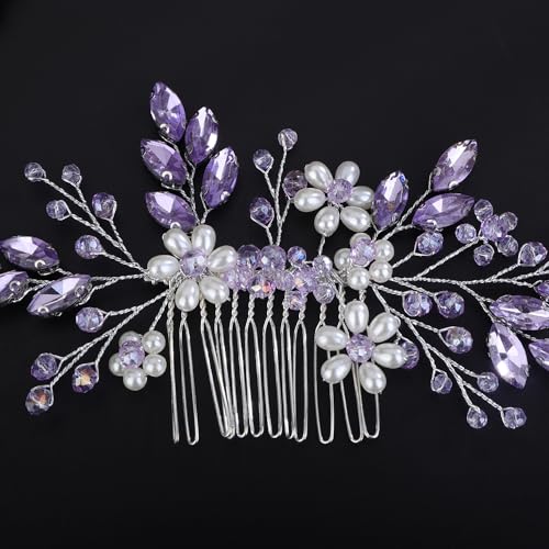 Teyglen Flower Pearl Bride Wedding Hair Comb Purple Crystal Hair Comb Bridal Hair Piece Decorative Hair Accessories for Bride Rhinestone Headpiece for Women Grils (Purple)