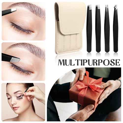 Lasnten 12 Sets Eyebrow Tweezers Set and Curved Scissors, 4 in 1 Professional Stainless Steel Tweezers for Women and Men, Splinter and Ingrown Hair Removal with Travel Case(Beige)