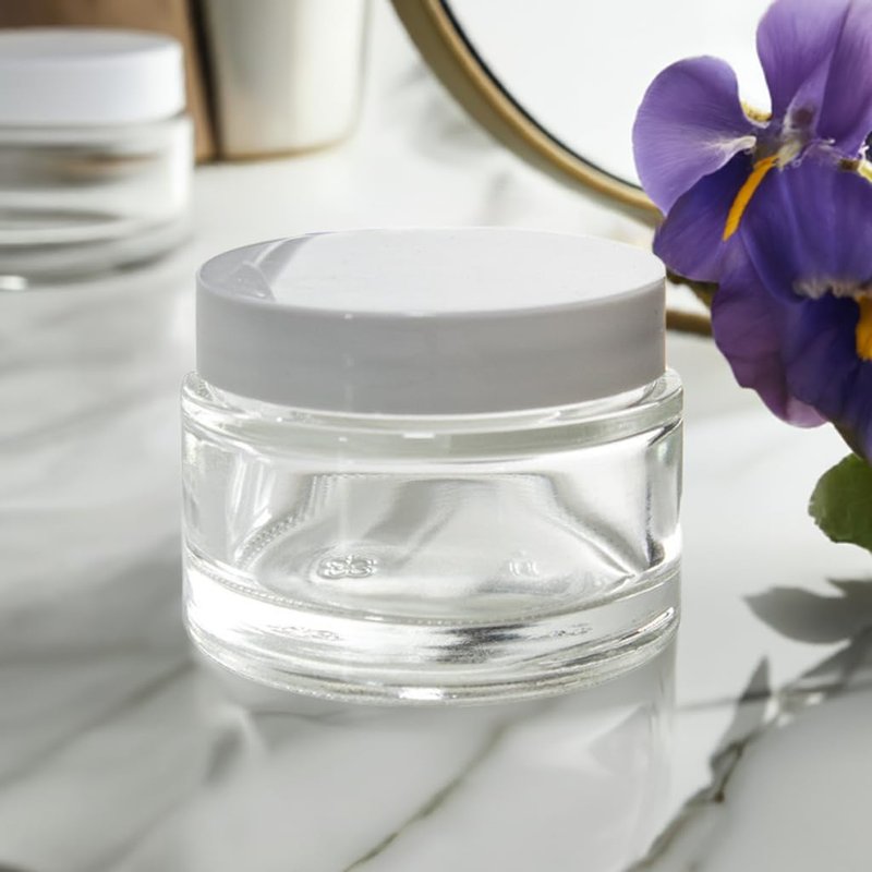 (12 pack) 2 oz Clear Glass Thick Wall Jars with White Foam Lined Smooth Lids