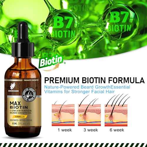 Biotin Beard Growth Oil for Men - Vitamin B5 & Castor Oil Formula, Promote Thicker Fuller Beard, Daily Care, Styling & Taming, Hydrating, Lightweight Non-Greasy, Vanilla 2oz Gift for Him