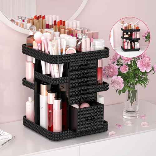 Rotating Makeup Organizer with 6 Drawers[New Updated], Multifunctional Cosmetics Organizer for Vanity Countertop, Square Jewelry Storage, Skincare Organizer for Makeup Holder (Plus Size-Black)
