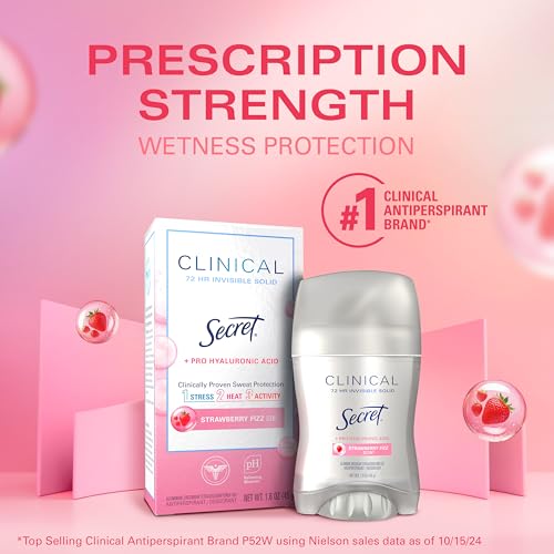 Secret Clinical Strength Antiperspirant Deodorant for Women, 3X Stress Protection, 72hr Sweat & Odor Protection, Pro-Hyaluronic Acid, Invisible Solid, Strawberry Summer Fizz Scent, 1.6 oz