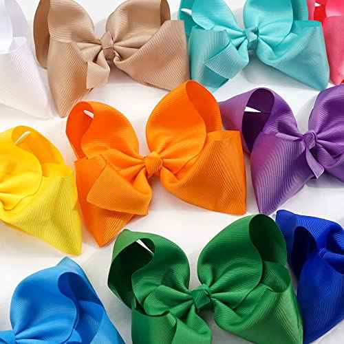 C?LLOT Hair Bows for Girls, 8inch Oversize Large Boutique Grosgrain Ribbon Hair Bows Alligator Hair Clips, 12 Pack