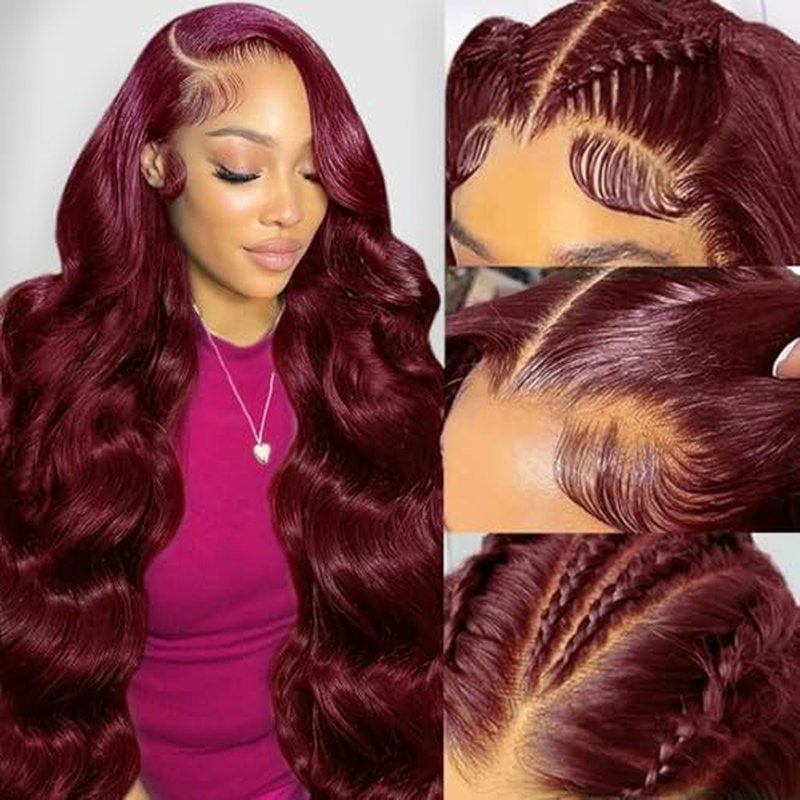 24 Inch 99j Burgundy 13x6 Body Wave Lace Front Wigs Human Hair 200% Density Glueless HD Transparent Lace Frontal Wigs Human Hair Pre Plucked With Baby Hair Burgundy Wine Red Wigs For Women