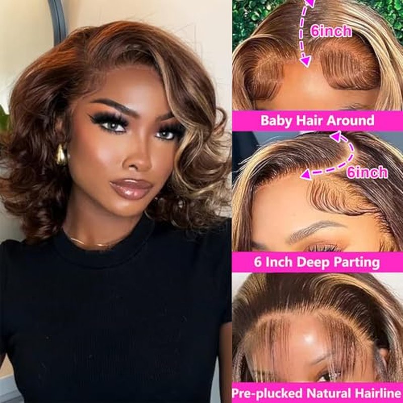 13x6 Body Wave Lace Front Wigs Human Hair Highlight Ombre Bob Wig Human Hair 4/27 Glueless Wigs Pre Plucked With Baby Hair 200 Density Hd Lace Frontal Wigs For Black Women 16 Inch