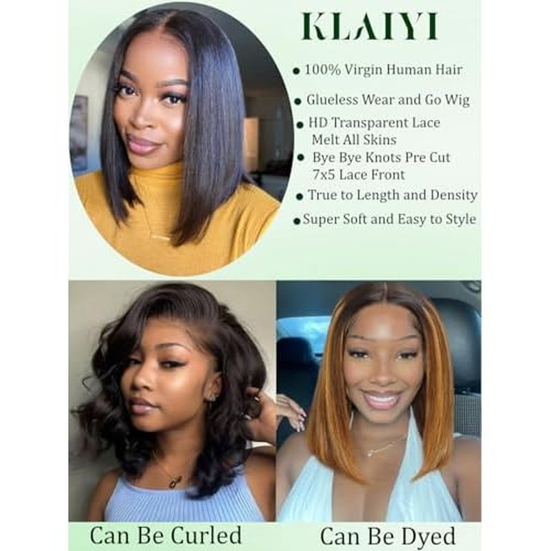 KLAIYI Bob Wig Human Hair Bye Bye Knots Glueless Wear and Go Wig with Drawstring Pre Cut 7x5 Lace Front Pre Plucked Bleached Short Straight Put on Go Beginner Wigs 3S Ready to Go Pre Everything 10Inch