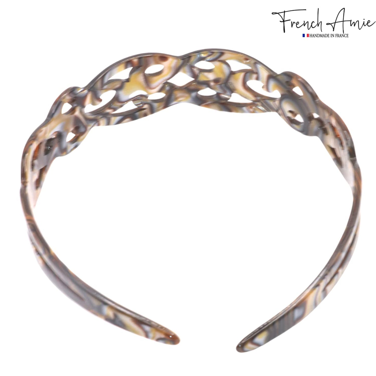 French Amie Filigree Wide 1" Celluloid Acetate Handmade Head bands Fashion Flexible Non Slip Durable Styling Women Hair Accessories, Made in France (Silver Onyx Gray)