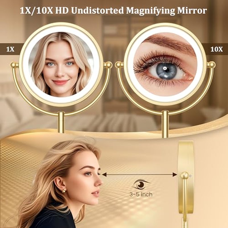 VESAUR 8.5'' Large Gold Lighted Makeup Mirror, 1X/10X Clear Seamless Magnifying Mirror, Bright Vanity Mirror with 3 Colors Dimmable Lights, Two-Sided 360¡ÆRotation Stable Base, Luxury Nickel, Gift Box