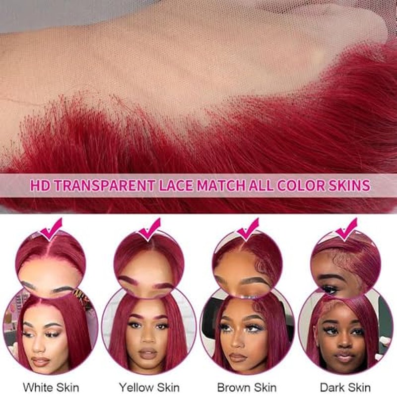 99j Burgundy 13x6 HD Lace Front Wigs Human Hair 24inch Straight Human Hair Wigs HD Lace Frontal Wigs for Black Women 250% Density Glueless Wigs Human Hair Pre Plucked Pre Cut With Baby Hair