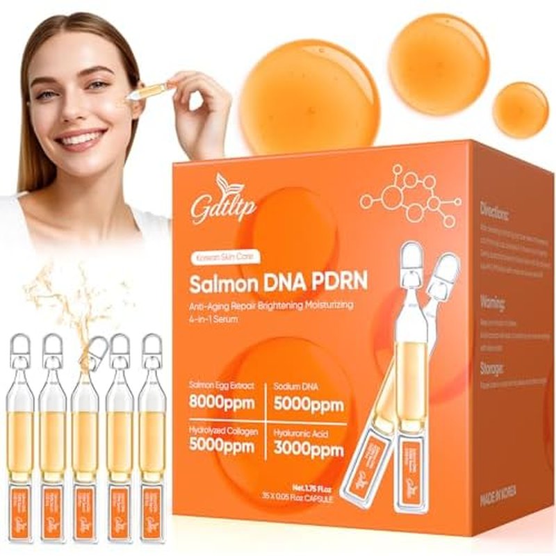 Salmon DNA Serum, Anti-Wrinkle PDRN Serum, 8000ppm Salmon Egg Ampoule, Collagen, Glutathione, Niacinamide, Hyaluronic Acids, Vitamin E - Korea Skin Care for Anti-Wrinkle & Brighten, 0.05 fl.oz x 35e