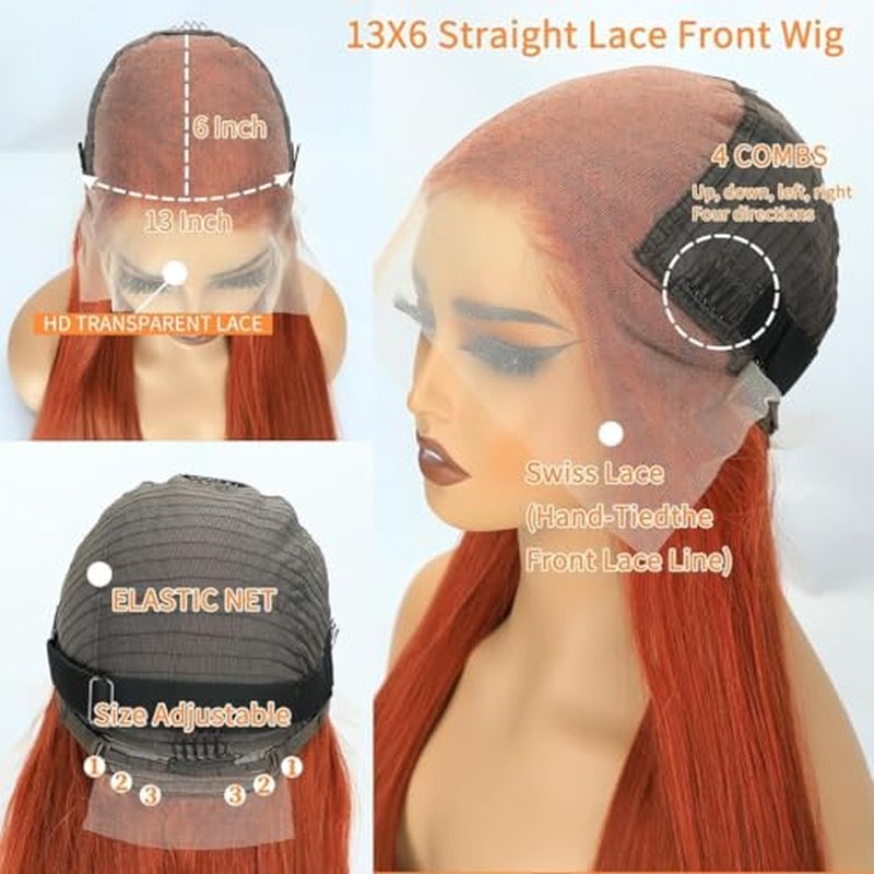 22 Inch Ginger Orange Lace Front Wigs Human Hair Pre Bleached 200% Density 13x6 HD Straight Lace Front Wigs Pre Plucked with baby Hair
