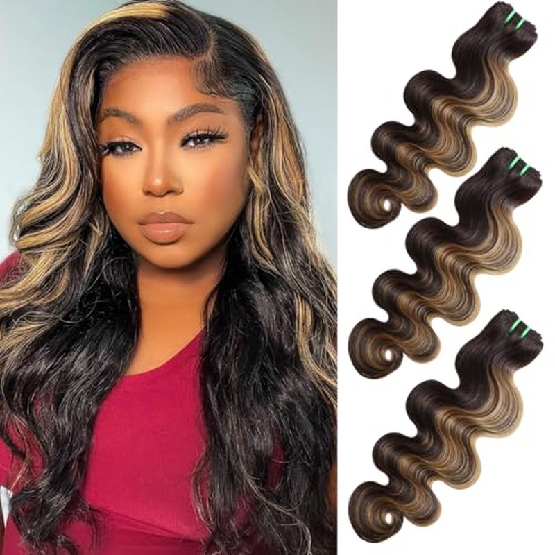 13A Double Drawn Honey Blonde Highlight FB27 Bundles Body Wave Human Hair, Black With Honey Brown Highlight Human Hair 3 Bundles Unprocessed Remy Hair F1B/27 Ombre Hair Extension 10 12 14 Inch