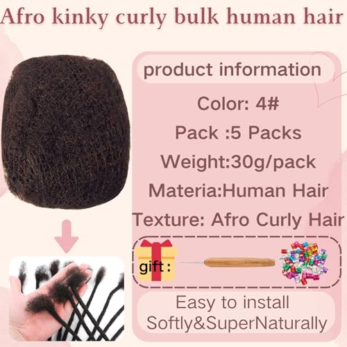 Afro Kinkys Bulk Human Hair for Dreadlock Extensions,Repair Locs, Twists and Braids, 5 Packs 150 Gram Each Package 100% Human Hair Afro Kinky Bulk Can be Dyed and Bleached (Dark Brown 4# 8inch)