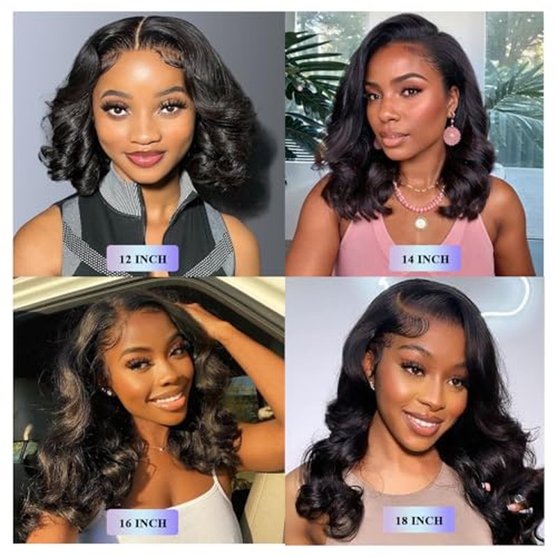 13X6 18inch 230%Density Natural Black Bob Wig Human Hair, Body Wave Wig Human Hair, Short Bob Lace Front Wigs Human Hair, Bob Wigs For Black Women, Pre Plucked With Baby Hair HD Transparent Lace