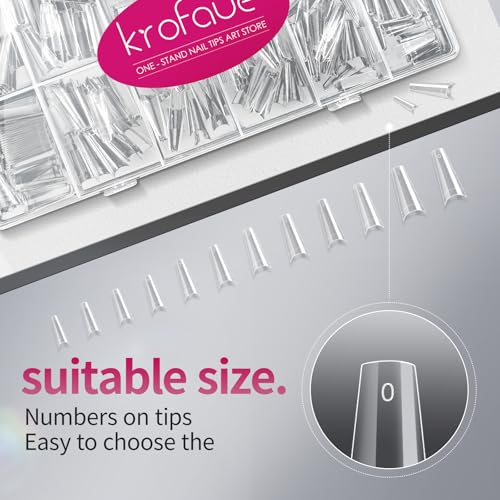 krofaue 600PCS Half Cover Coffin Nail Tips - Acrylic Nail Tips 12 Size Clear False Nails Tips with Box for Nail Salons and Home DIY (Clear)