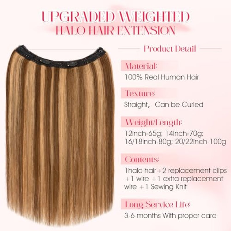 Rich Choices 100% Real Human Halo Hair Extensions for Women Remy Halo Extension Invisible Wire Hairpiece Clip in One Piece Hairpiece Adds Weight 100g 20 Inch #4P27 Medium Brown Highlight Dark Blonde