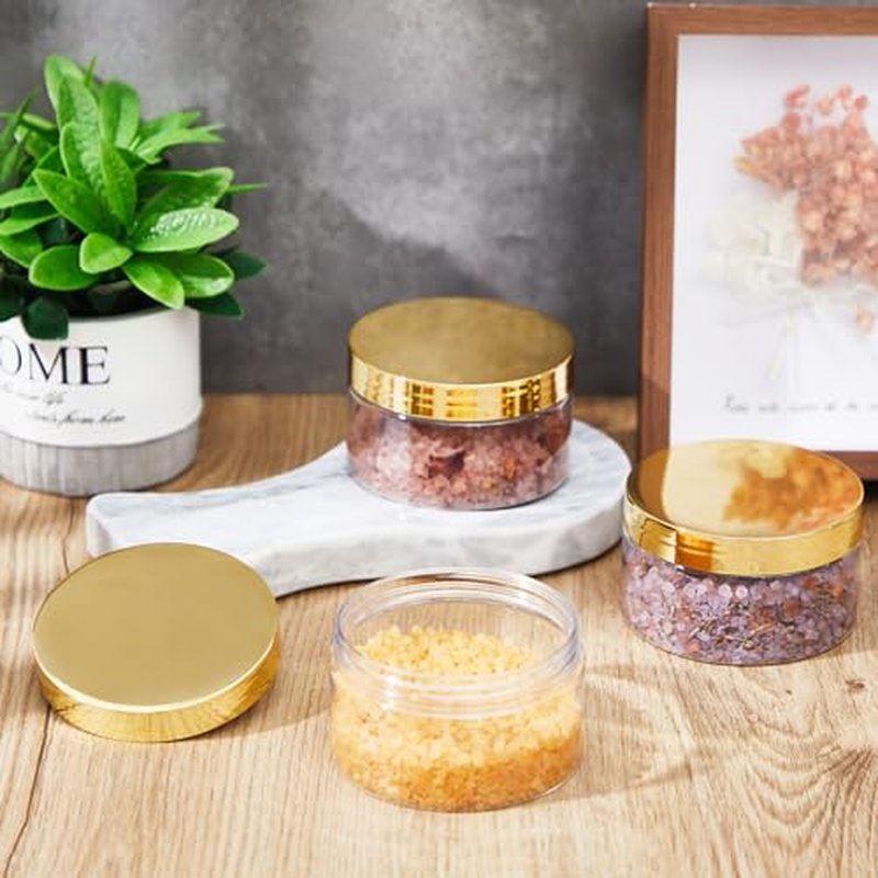 Dandat 24 Pcs 8 oz Plastic Jar Container with Lid and Label Refillable Empty Round Clear with Gold PET Cosmetic Sample Containers for Lotion, Cream, Ointments, Body Butter, Makeup, Travel Storage
