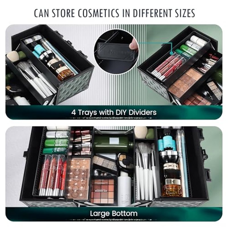 FRENESSA Makeup Case Makeup Box Cosmetic Train Cases Portable Make Up Artist Travel Case Storage Box 4 Trays with Dividers Lockable Hard Makeup Box Craft Nail Kits Case Drak Green