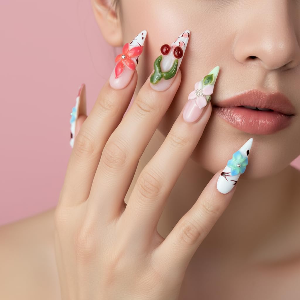 Press On Nails - 3D Designer Nail Art Set | Handmade & Reusable, Tropical Paradise Mix, Medium Size, 10 Pcs
