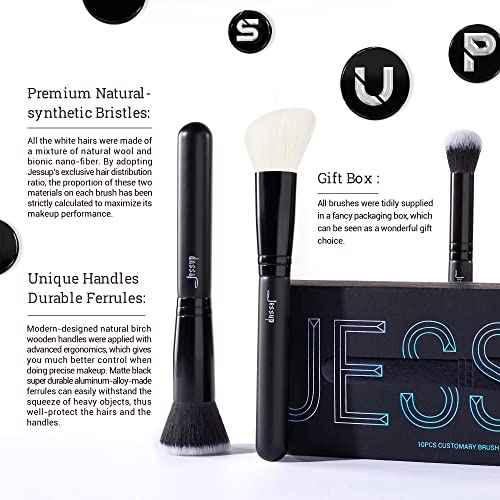 Jessup Makeup Brush Set 10pcs Black Make up Brushes Set Professional with Natural Synthetic Hair for Foundation Blending Blush Concealer Eyeshadow Eyebrow Eyeliner, T323