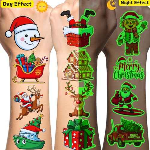 Glow In Dark Christmas Temporary Tattoos | Luminous Christmas Tattoos Xmas Decorations Party Favors Supplies Goodie Bags Stocking Stuffers Gift Idea For Kids Teen Adult Xmas Santa Claus Reindeer-60Pcs