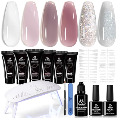 Beetles Nail Extension Gel Kit with Mini UV LED Nail Lamp Frosted Grape 6 Colors Poly Nail Gel Kit with Base Top Coat Beginners DIY Home Salon Gift for Women Fall Winter Nails UV & LED Cured
